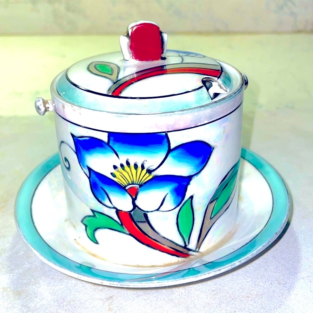 Noritake Lusterware Vintage Mustard or Jelly Jar Set Lid & Attached Plate EUC